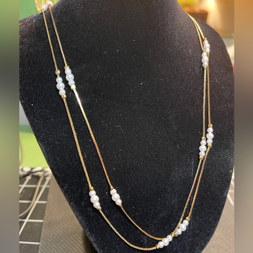 Vintage Signed Korea Faux Pearls gold tone chain Extra Long Necklace set of two